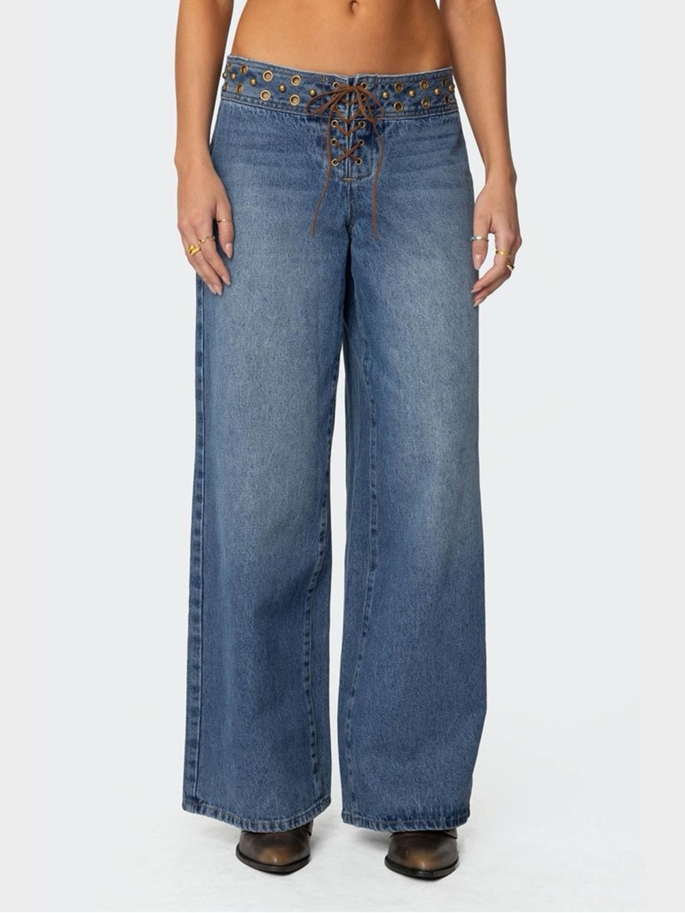 Vintage Y2K Studded Lace-Up Wide Leg Jeans | Boho Western Denim | Size Large